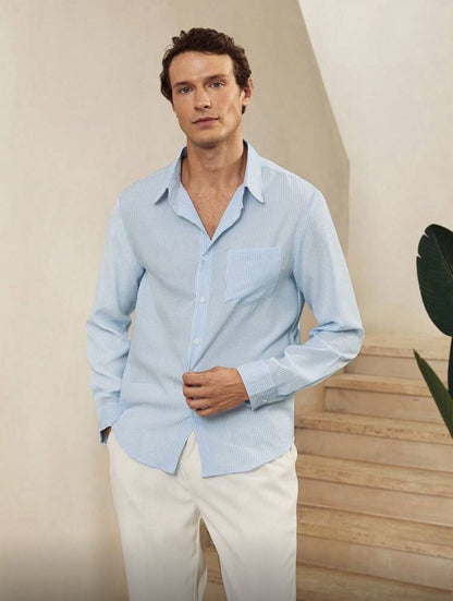 CityGents Men's Old Money Blue And White Striped Wrinkle Effect Long Sleeve Shirt