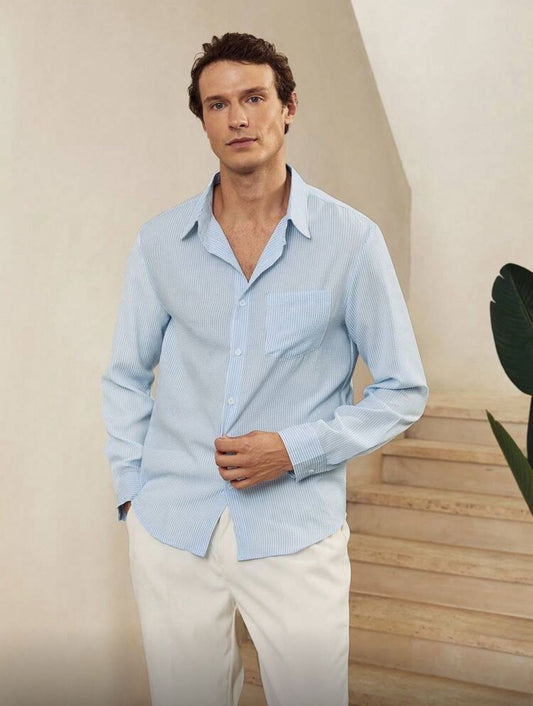 CityGents Men's Old Money Blue And White Striped Wrinkle Effect Long Sleeve Shirt