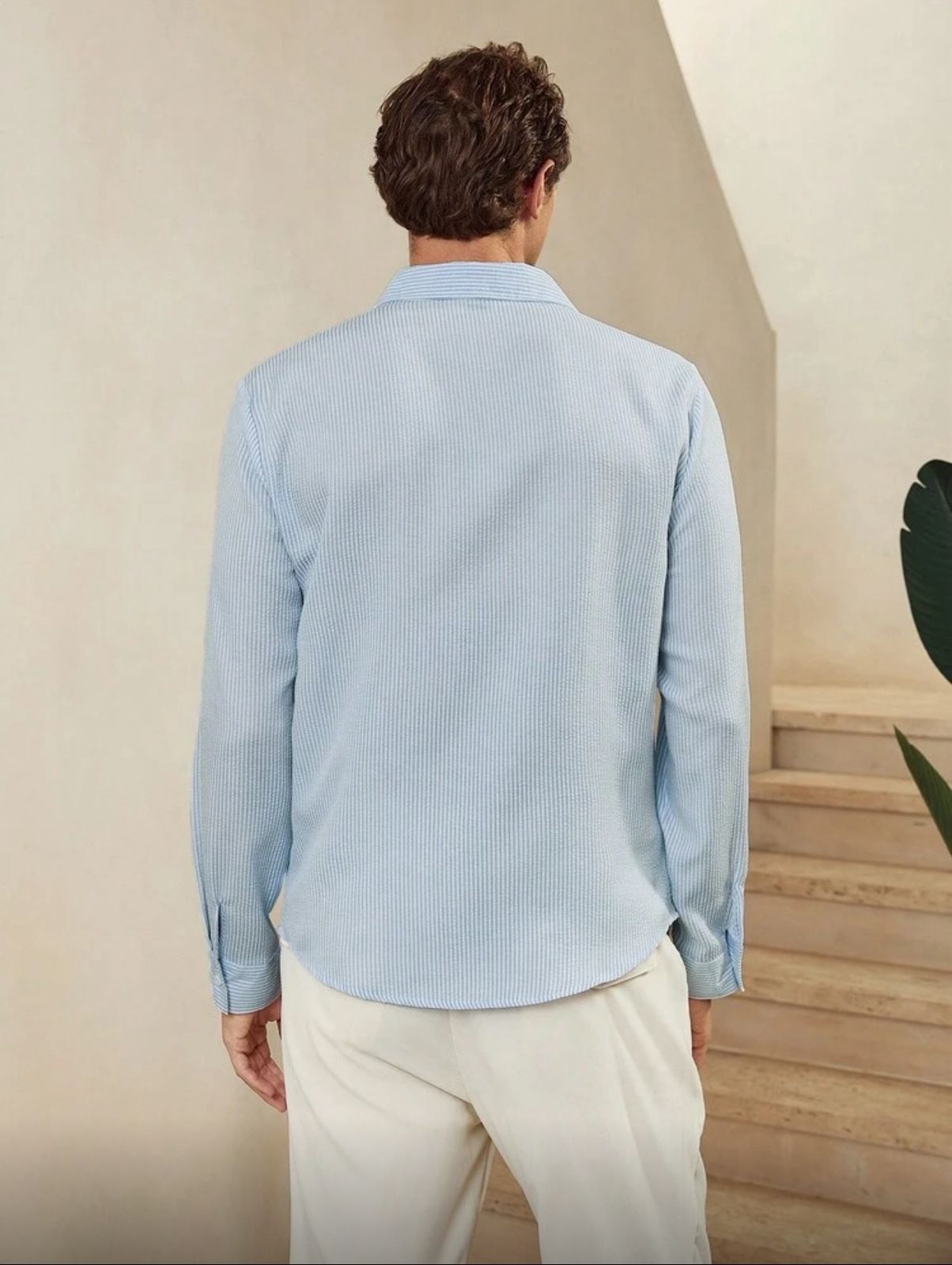 CityGents Men's Old Money Blue And White Striped Wrinkle Effect Long Sleeve Shirt