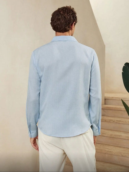 CityGents Men's Old Money Blue And White Striped Wrinkle Effect Long Sleeve Shirt