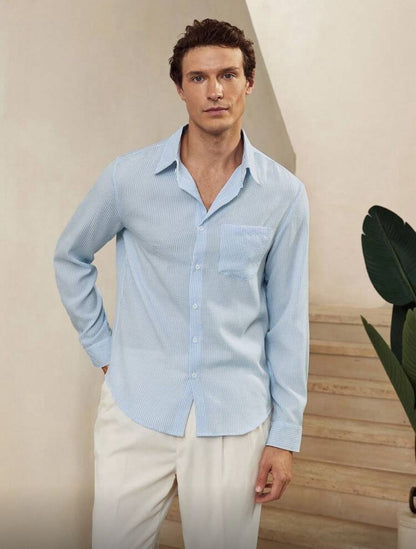 CityGents Men's Old Money Blue And White Striped Wrinkle Effect Long Sleeve Shirt