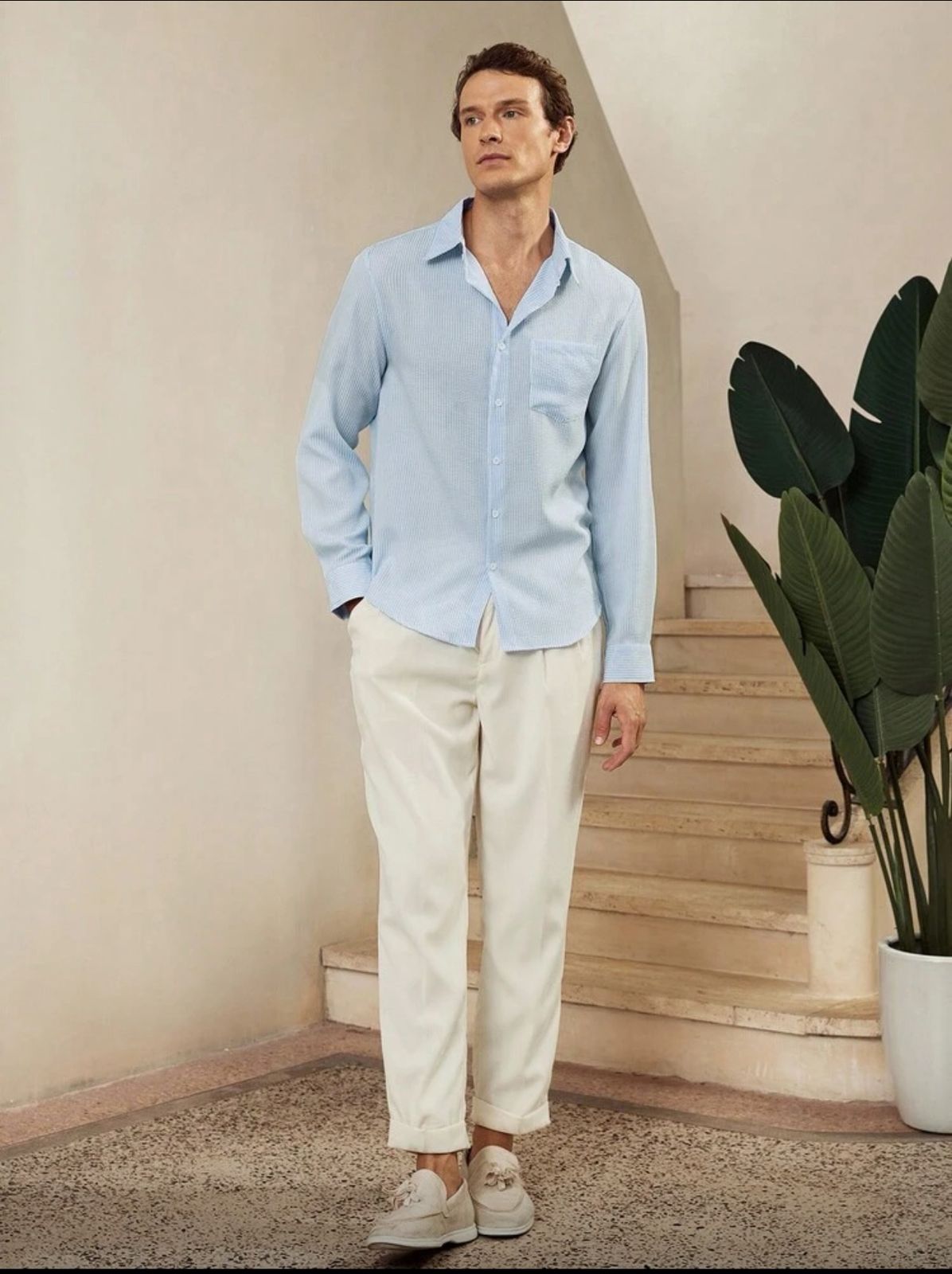 CityGents Men's Old Money Blue And White Striped Wrinkle Effect Long Sleeve Shirt