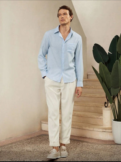 CityGents Men's Old Money Blue And White Striped Wrinkle Effect Long Sleeve Shirt