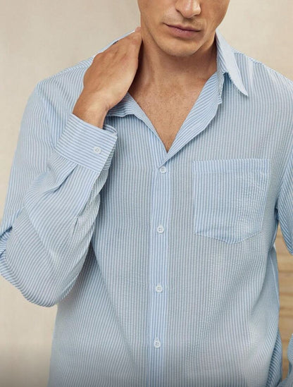 CityGents Men's Old Money Blue And White Striped Wrinkle Effect Long Sleeve Shirt