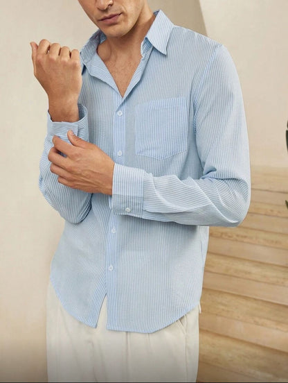 CityGents Men's Old Money Blue And White Striped Wrinkle Effect Long Sleeve Shirt