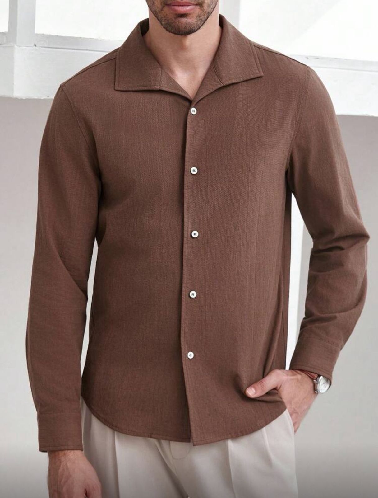 CityGents Classic Front Button Long Sleeve Casual Shirt Brown