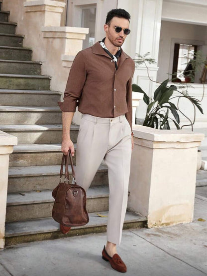 CityGents Classic Front Button Long Sleeve Casual Shirt Brown