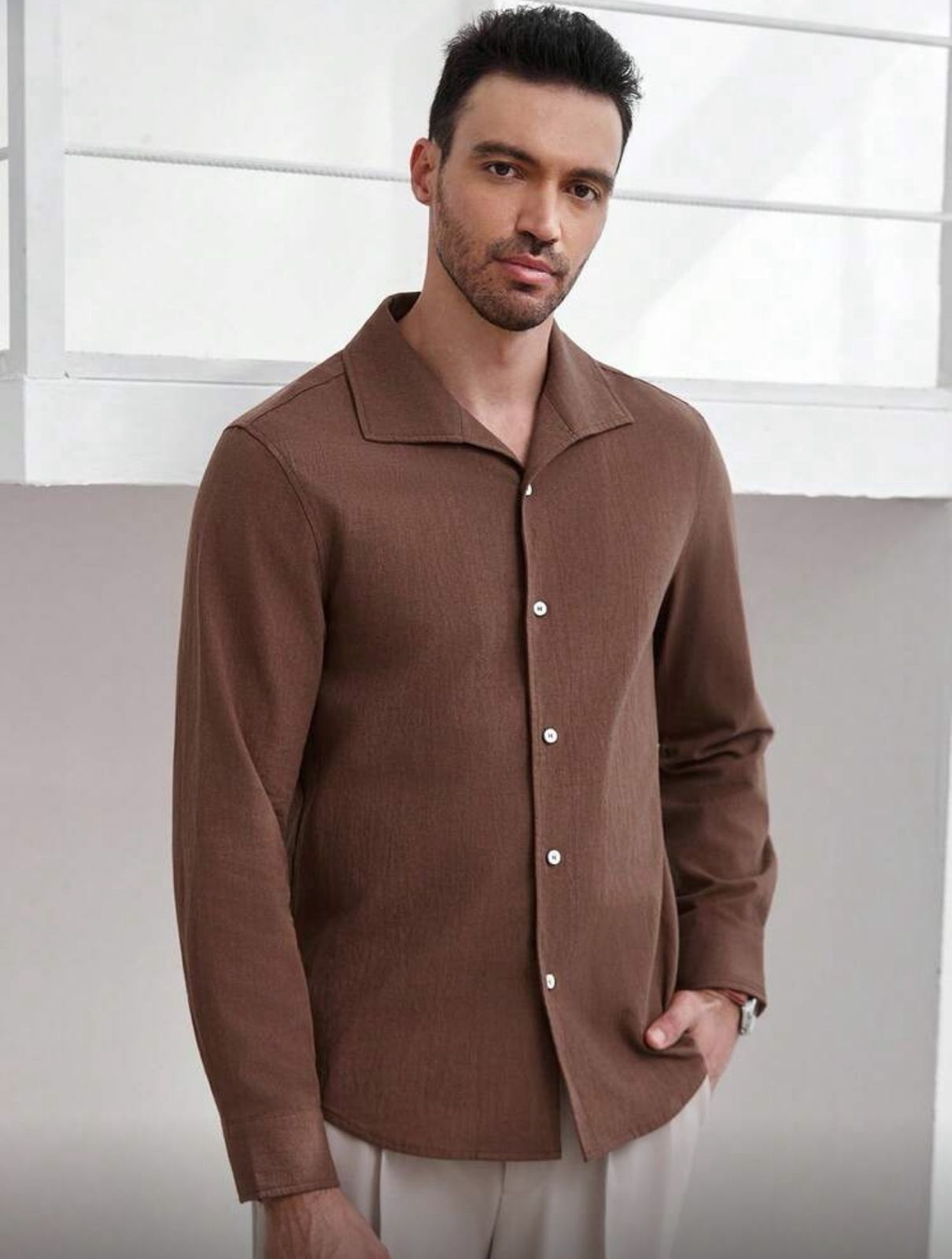 CityGents Classic Front Button Long Sleeve Casual Shirt Brown