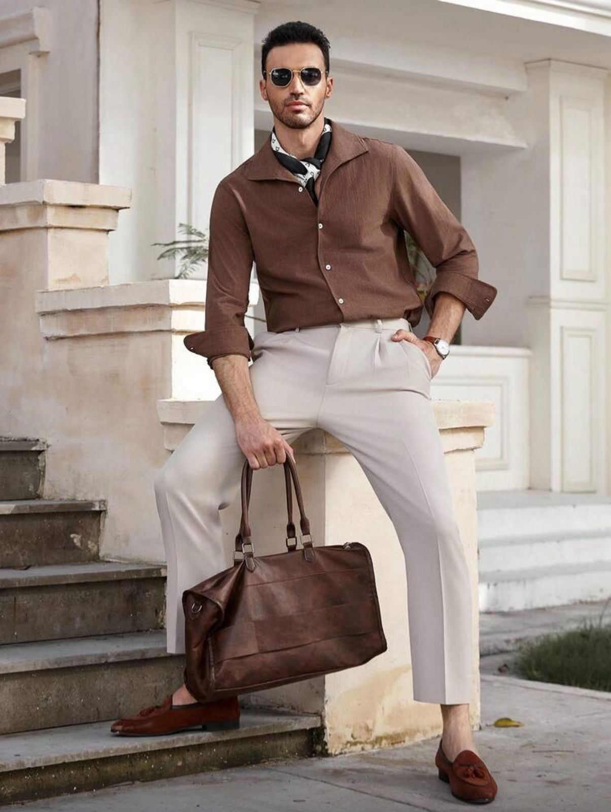 CityGents Classic Front Button Long Sleeve Casual Shirt Brown