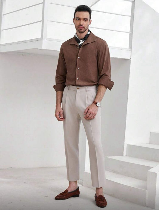 CityGents Classic Front Button Long Sleeve Casual Shirt Brown