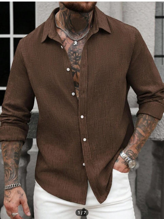 Homme Men Solid Color Textured Fabric Front Button Casual Linen Long Sleeve Shirt