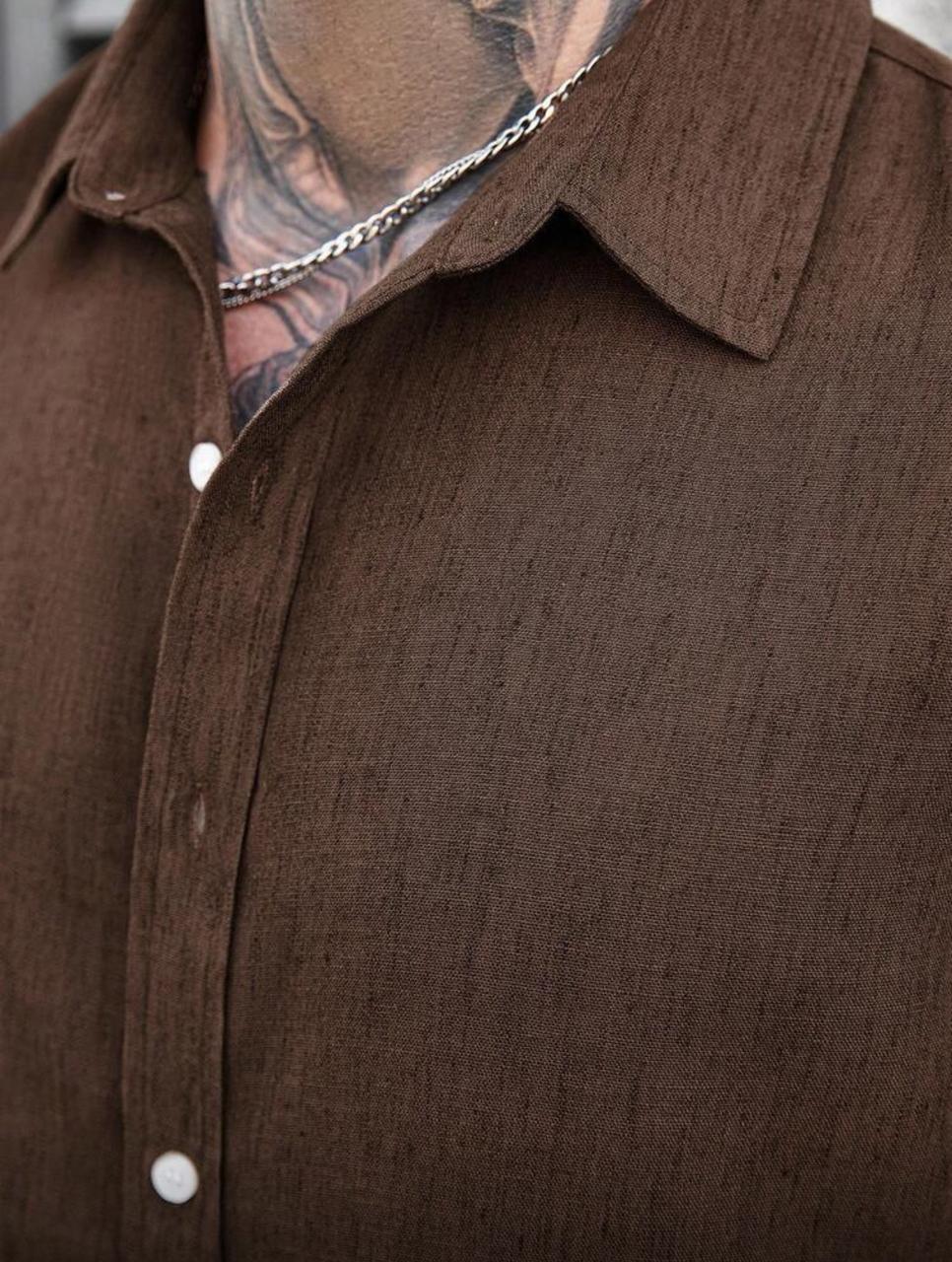 Homme Men Solid Color Textured Fabric Front Button Casual Linen Long Sleeve Shirt