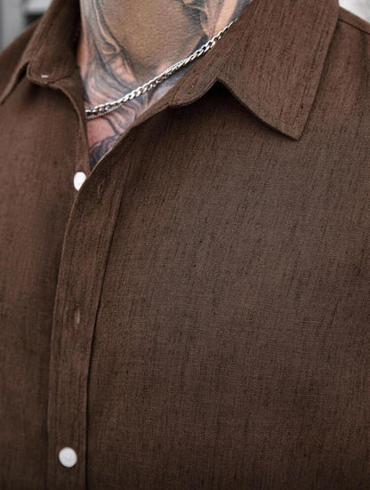 Homme Men Solid Color Textured Fabric Front Button Casual Linen Long Sleeve Shirt