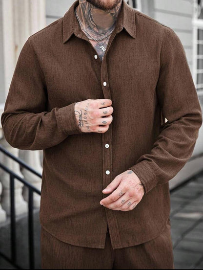 Homme Men Solid Color Textured Fabric Front Button Casual Linen Long Sleeve Shirt